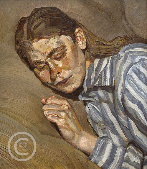 Lucian-Freud-"Girl-in-Striped-Nightshirt"-1985-Oil-on-Canvas-29.5cmx25cm