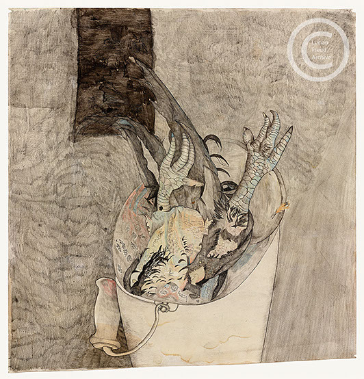 Lucian Freud 'Chicken in a Bucket' 1944 Graphite and Conte on paper 38cmx39.5cm
