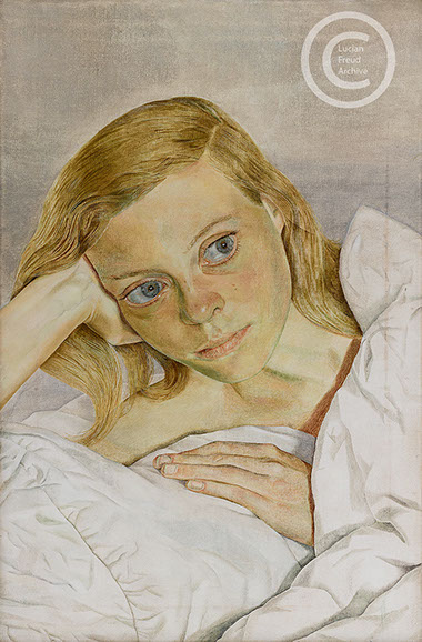 Lucian Freud 'Girl in Bed' 1952 Oil on Canvas 45.7cmx30.5cm.