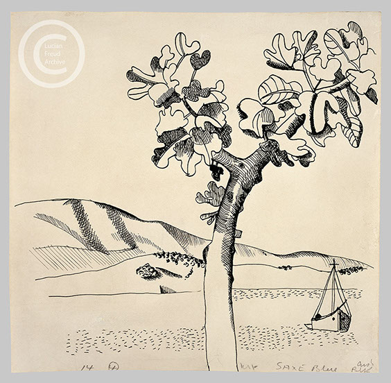 Lucian Freud 'Landscape with Fig Tree and Boat' 1947 Ink on Paper 18cmx18.5cm