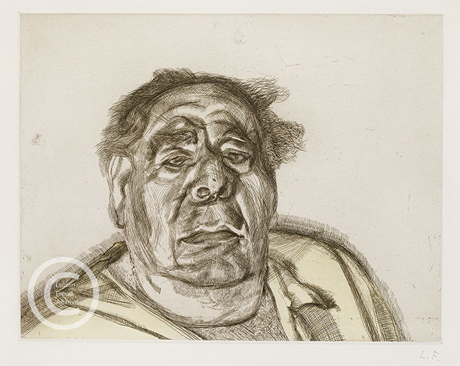 Lucian Freud "Lord Goodman in his Yellow Pyjamas" 1987 Etching and Watercolour (ed of 50) 31.1cmx40.3cm