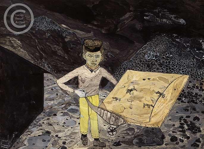 Lucian Freud 'Man Wheeling Picture' 1942 Ink, Watercolor and Varnish on Paper 33.5cmx46cm