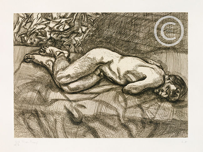 Lucian Freud "Naked Man on a Bed (2nd state)" 1987 Etching (3 proofs) 36.9cmx52.1cm