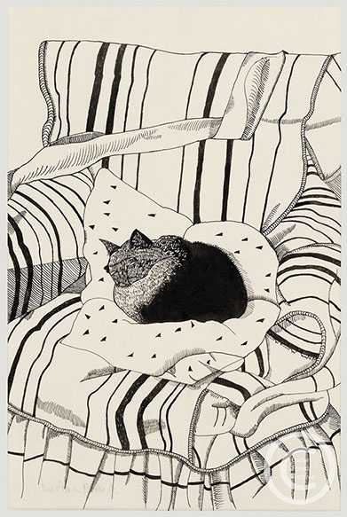 Lucian Freud 'The Sleeping Cat' 1944 Ink and Pencil on paper 27.2cmx17.8cm