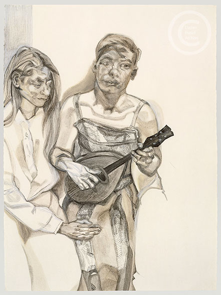 Lucian Freud 'Two Figures from Large Interior (W11) (after Watteau)' 1983 Charcoal,Turpentine and Crayon on Paper 76.2cmx56.5cm