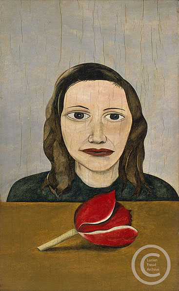 Lucian Freud "Woman with a Tulip"&nbsp; 1945&nbsp; Oil on Board&nbsp; 23cm x 12.7cm